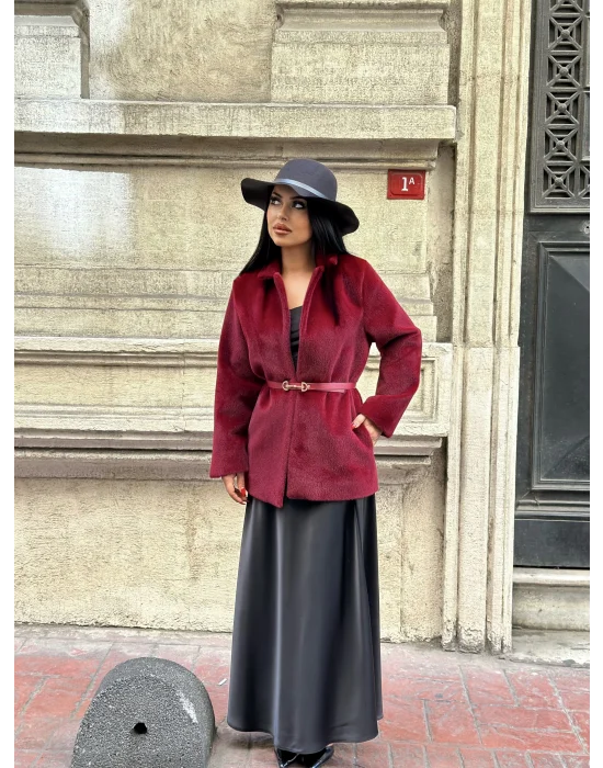 Kadın Tay Tüylü Astarlı Kemerli Blazer Ceket