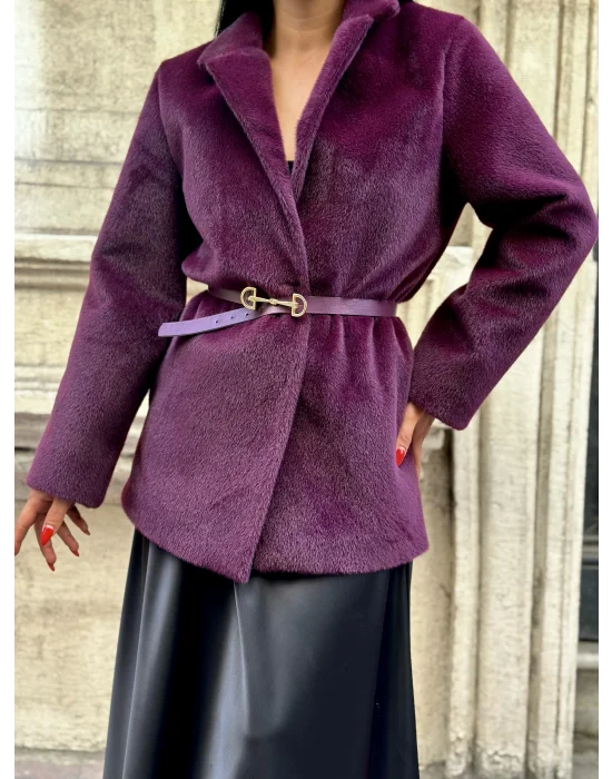 Kadın Tay Tüylü Astarlı Kemerli Blazer Ceket