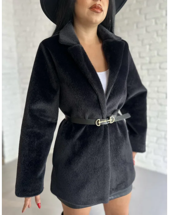 Kadın Tay Tüylü Astarlı Kemerli Blazer Ceket
