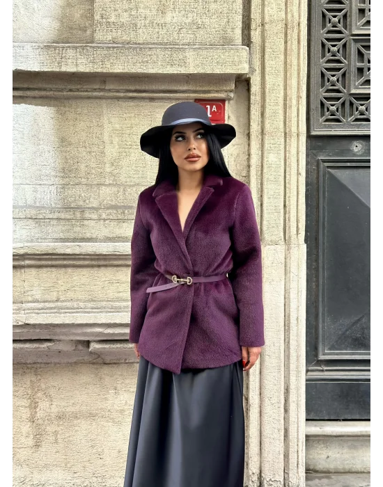 Kadın Tay Tüylü Astarlı Kemerli Blazer Ceket