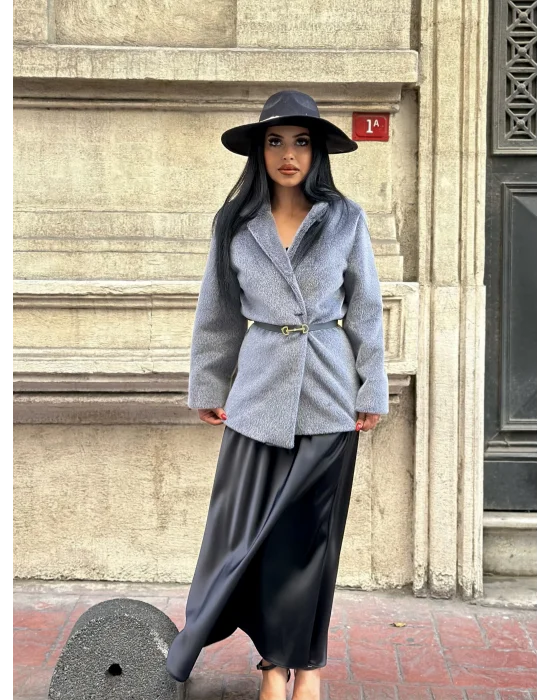 Kadın Tay Tüylü Astarlı Kemerli Blazer Ceket