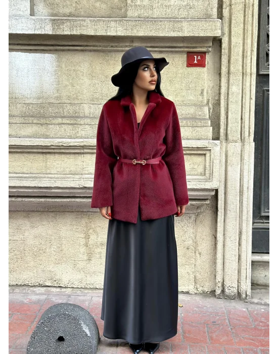 Kadın Tay Tüylü Astarlı Kemerli Blazer Ceket