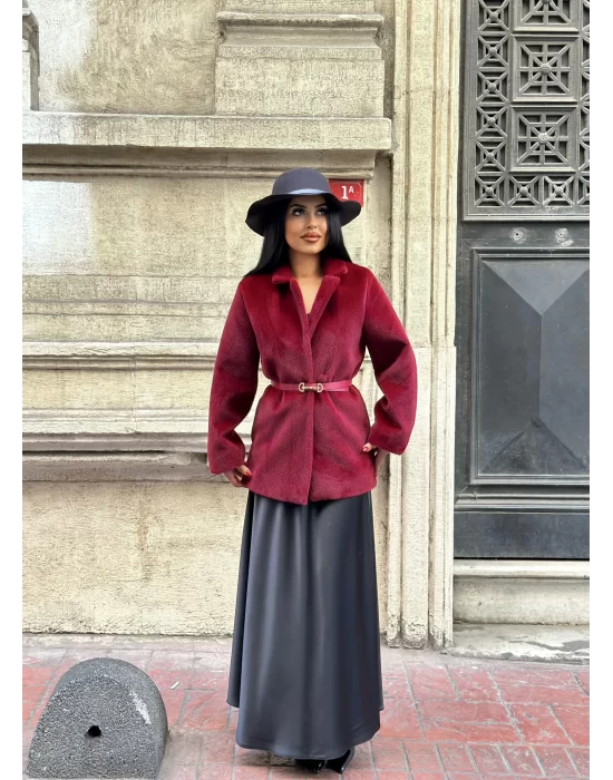 Kadın Tay Tüylü Astarlı Kemerli Blazer Ceket
