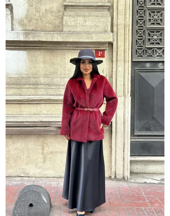 Kadın Tay Tüylü Astarlı Kemerli Blazer Ceket