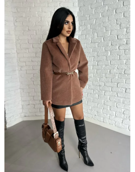 Kadın Tay Tüylü Astarlı Kemerli Blazer Ceket