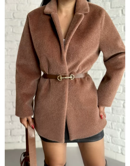 Kadın Tay Tüylü Astarlı Kemerli Blazer Ceket