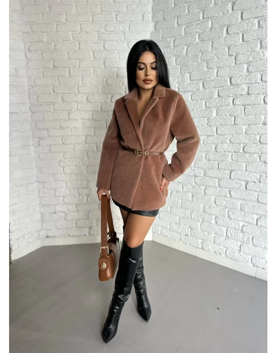 Kadın Tay Tüylü Astarlı Kemerli Blazer Ceket