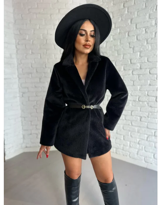 Kadın Tay Tüylü Astarlı Kemerli Blazer Ceket