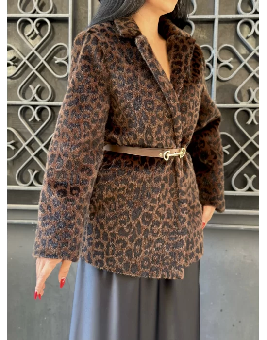 Kadın Tay Tüylü Astarlı Leopar Desenli Kemerli Blazer Ceket