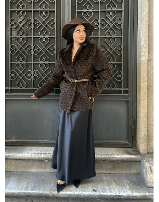Kadın Tay Tüylü Astarlı Leopar Desenli Kemerli Blazer Ceket