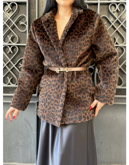 Kadın Tay Tüylü Astarlı Leopar Desenli Kemerli Blazer Ceket
