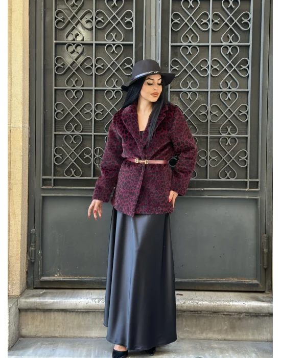 Kadın Tay Tüylü Astarlı Leopar Desenli Kemerli Blazer Ceket