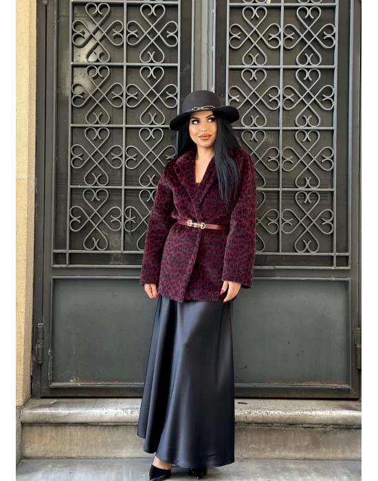Kadın Tay Tüylü Astarlı Leopar Desenli Kemerli Blazer Ceket