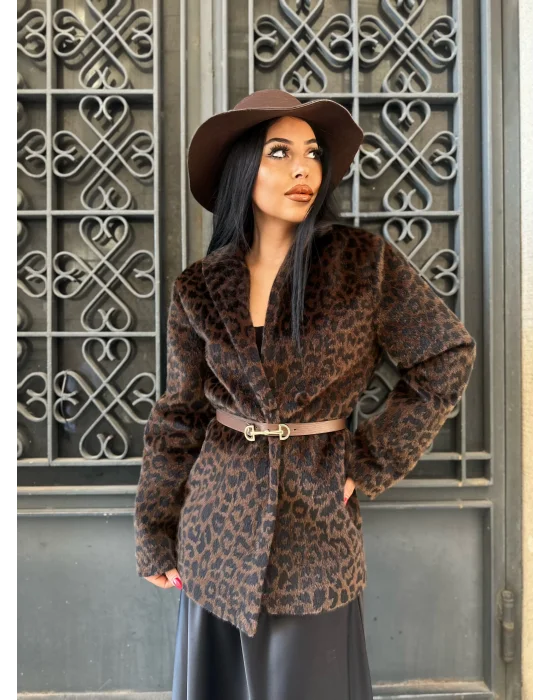 Kadın Tay Tüylü Astarlı Leopar Desenli Kemerli Blazer Ceket