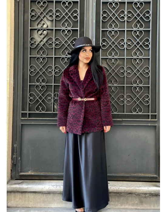 Kadın Tay Tüylü Astarlı Leopar Desenli Kemerli Blazer Ceket