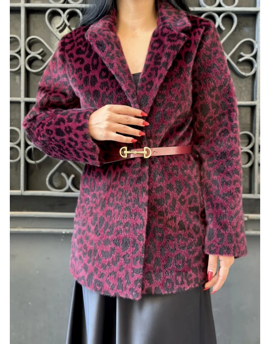 Kadın Tay Tüylü Astarlı Leopar Desenli Kemerli Blazer Ceket