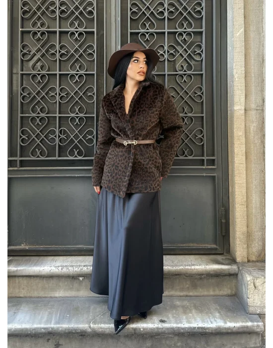 Kadın Tay Tüylü Astarlı Leopar Desenli Kemerli Blazer Ceket