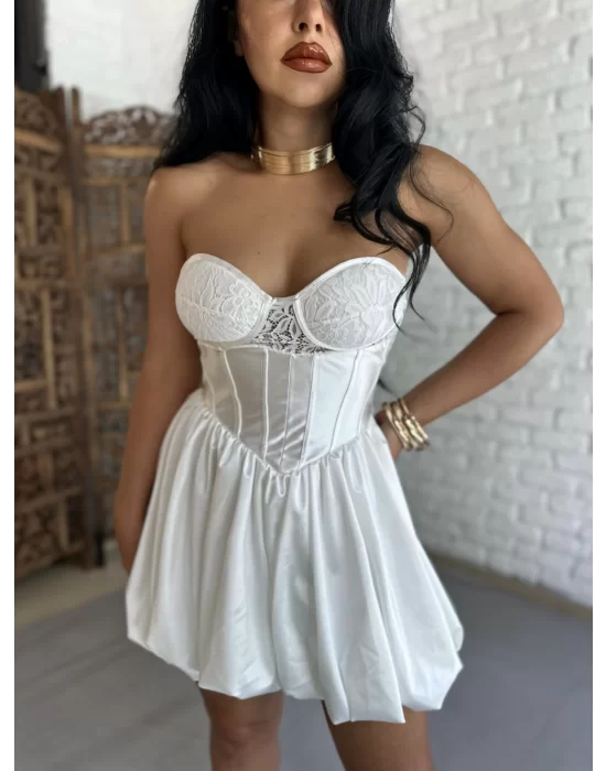 Kadın Üst Korse Detaylı Bağçıklı Saten Balon Elbise
