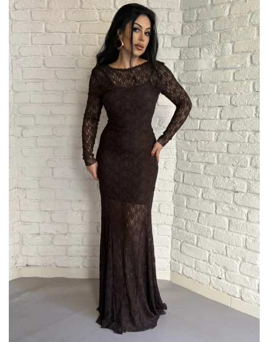 Kadın Uzun Dantelli İçerisi Astarlı Elbise