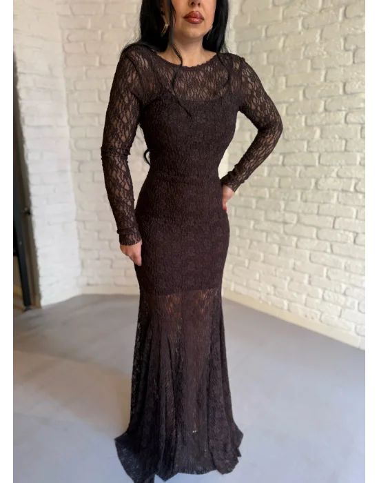 Kadın Uzun Dantelli İçerisi Astarlı Elbise
