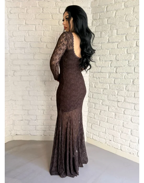 Kadın Uzun Dantelli İçerisi Astarlı Elbise