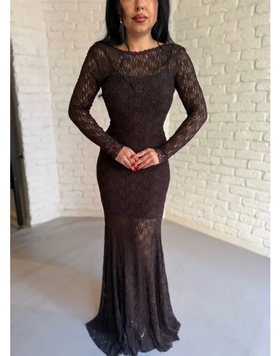 Kadın Uzun Dantelli İçerisi Astarlı Elbise