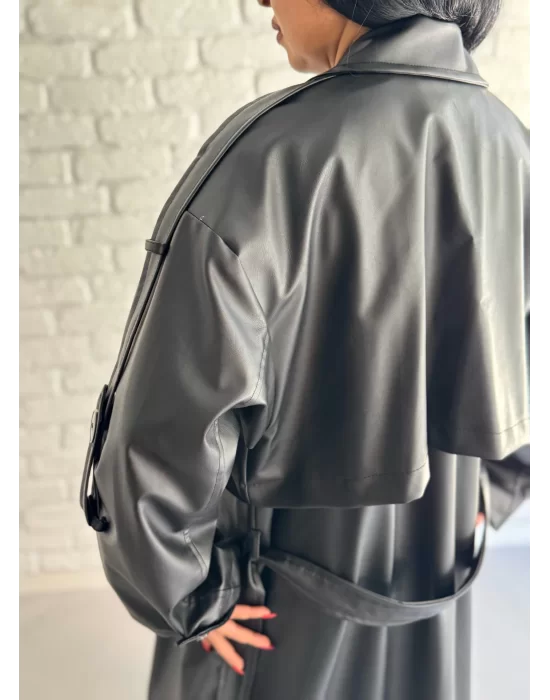 Kadın Uzun Oversize Kalıp Astarlı Deri Trençkot