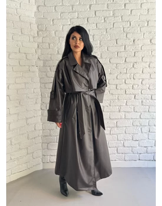 Kadın Uzun Oversize Kalıp Astarlı Deri Trençkot