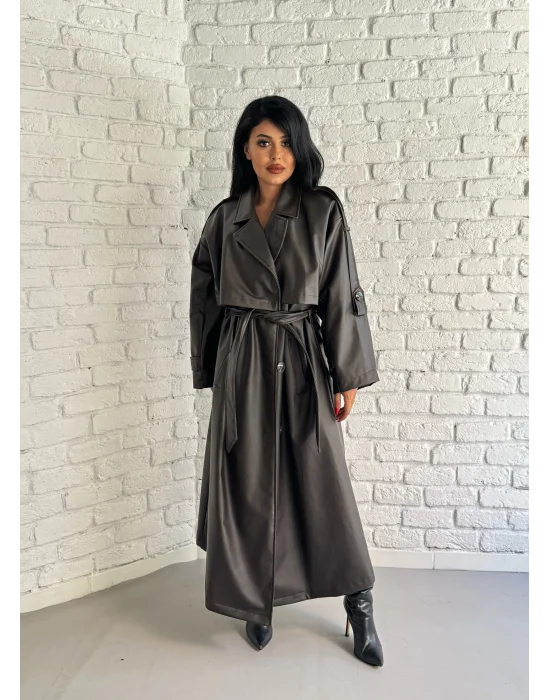 Kadın Uzun Oversize Kalıp Astarlı Deri Trençkot