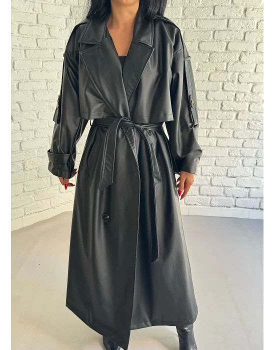 Kadın Uzun Oversize Kalıp Astarlı Deri Trençkot