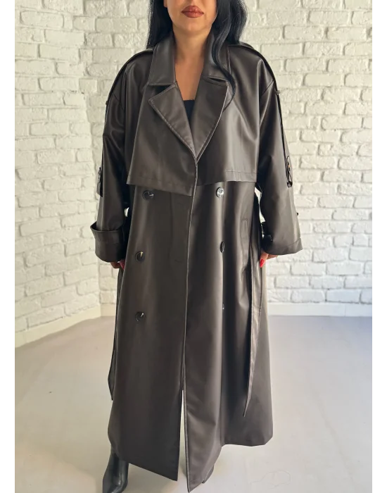 Kadın Uzun Oversize Kalıp Astarlı Deri Trençkot