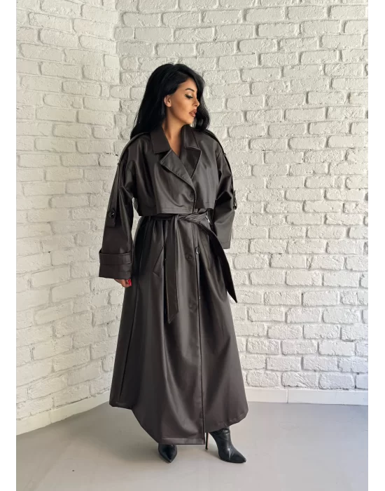Kadın Uzun Oversize Kalıp Astarlı Deri Trençkot