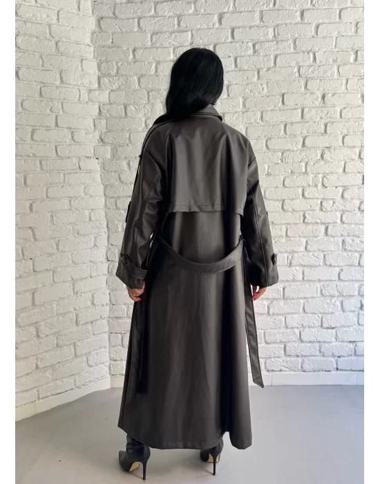Kadın Uzun Oversize Kalıp Astarlı Deri Trençkot