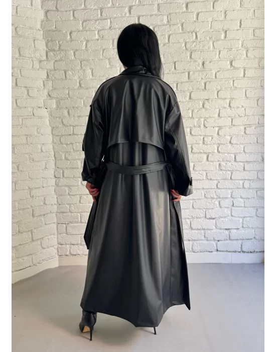 Kadın Uzun Oversize Kalıp Astarlı Deri Trençkot