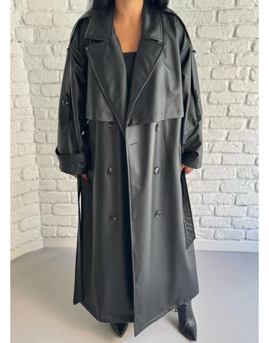 Kadın Uzun Oversize Kalıp Astarlı Deri Trençkot