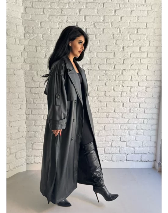 Kadın Uzun Oversize Kalıp Astarlı Deri Trençkot