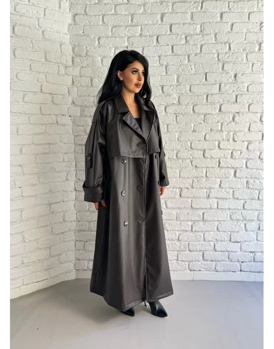 Kadın Uzun Oversize Kalıp Astarlı Deri Trençkot