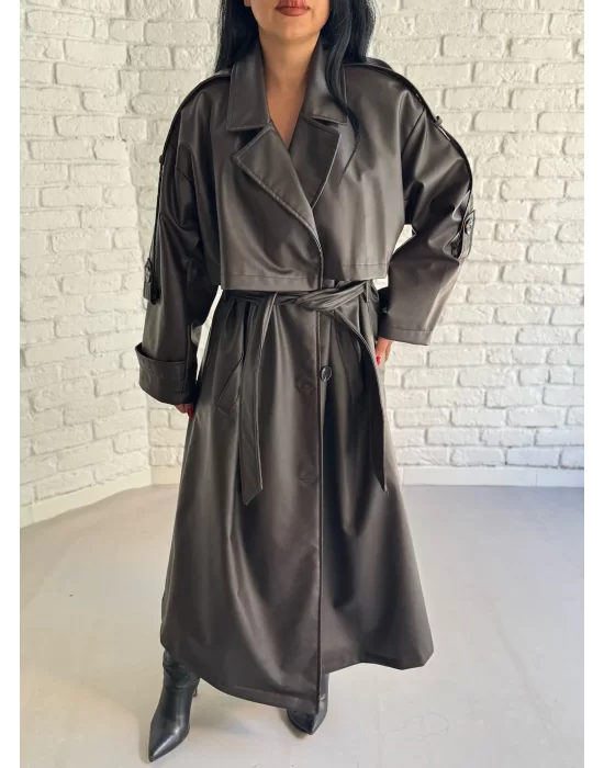 Kadın Uzun Oversize Kalıp Astarlı Deri Trençkot