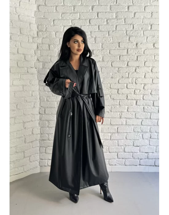 Kadın Uzun Oversize Kalıp Astarlı Deri Trençkot