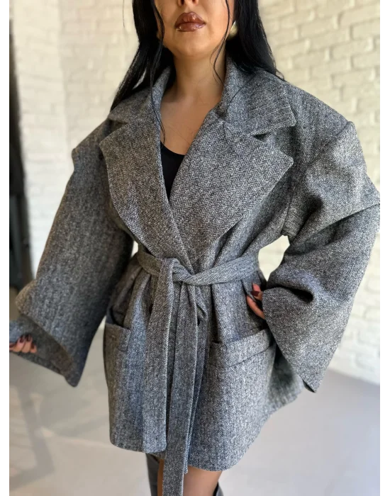 Kadın Vatkalı Balıksırtı Desen Astarlı Kaban