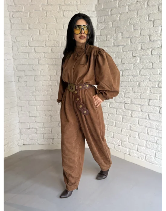 Kadın Vintage Süet Balon Kol Gömlek Ve Şalvar Pantolon Takım