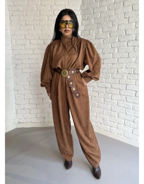 Kadın Vintage Süet Balon Kol Gömlek Ve Şalvar Pantolon Takım