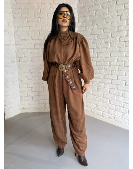 Kadın Vintage Süet Balon Kol Gömlek Ve Şalvar Pantolon Takım