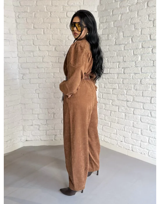 Kadın Vintage Süet Balon Kol Gömlek Ve Şalvar Pantolon Takım