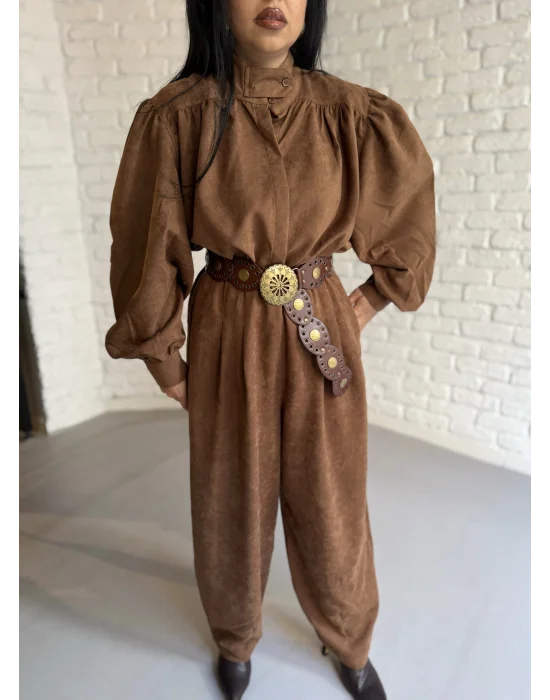 Kadın Vintage Süet Balon Kol Gömlek Ve Şalvar Pantolon Takım