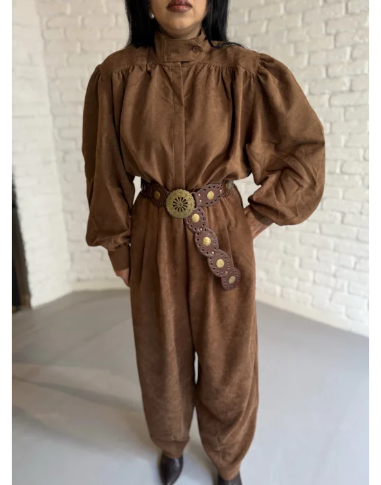 Kadın Vintage Süet Balon Kol Gömlek Ve Şalvar Pantolon Takım