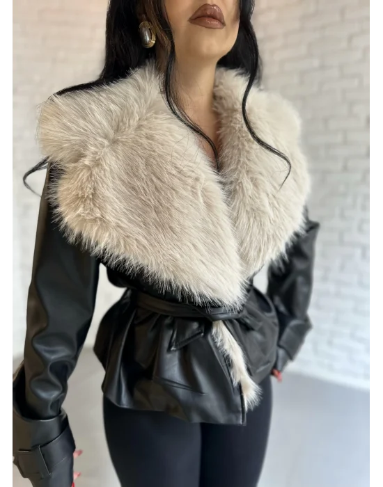 Kadın Yakası Kürklü Deri Ceket