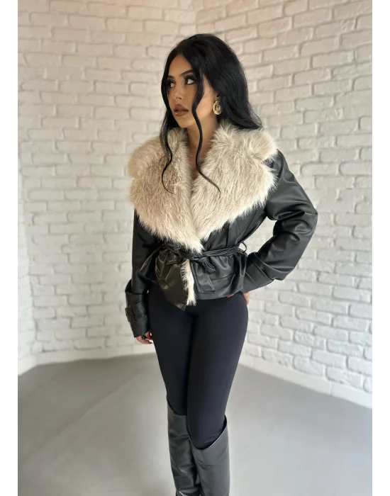 Kadın Yakası Kürklü Deri Ceket