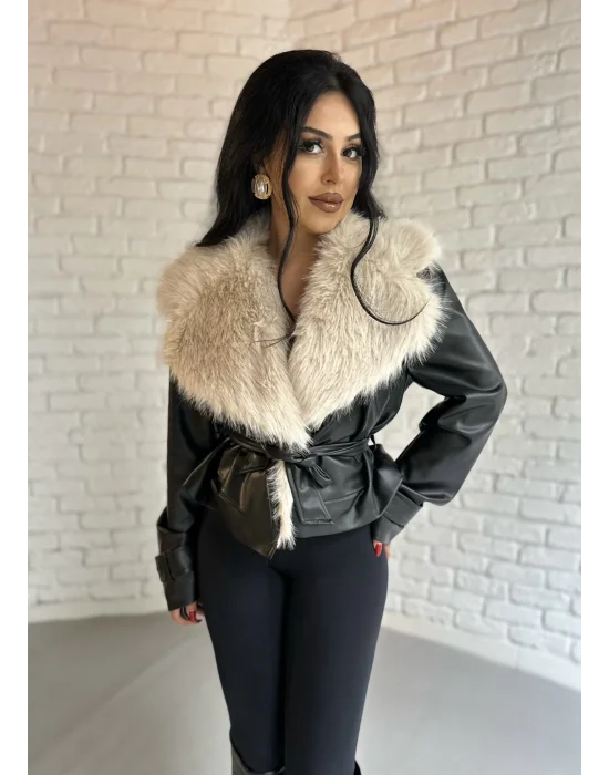 Kadın Yakası Kürklü Deri Ceket