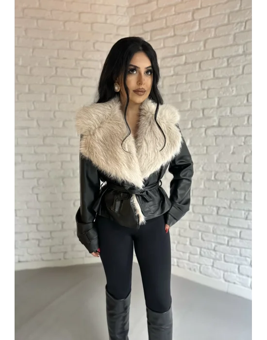 Kadın Yakası Kürklü Deri Ceket